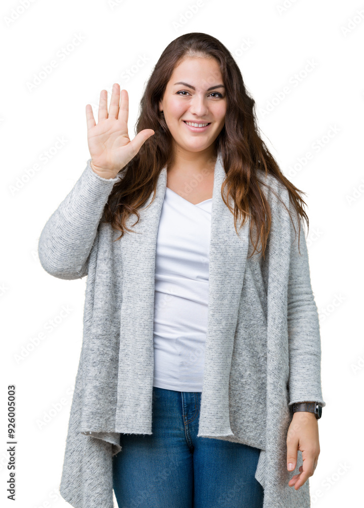 Beautiful plus size young woman wearing winter jacket over isolated background Waiving saying hello happy and smiling, friendly welcome gesture Beautiful plus size young woman wearing winter jacket over isolated background Waiving saying hello happy and smiling, friendly welcome gesture