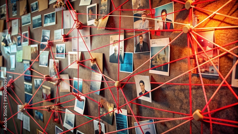 Fototapeta premium Intense investigation board with red strings connecting clues and photos, mystery, detective work