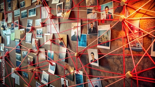 Intense investigation board with red strings connecting clues and photos, mystery, detective work