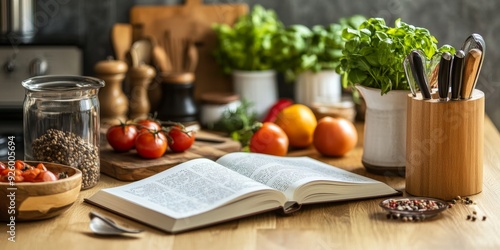 Detailed image of a kitchen counter with cooking utensils, ingredients, and a recipe book, emphasizing the organized and creative aspects of meal preparation