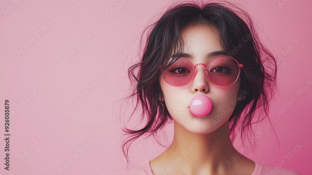 Portrait of a young girl blowing pink bubbles gum,Cute little girl with pink chewing gum on color background,child wearing sunglasses make bubble with chewing gum in studio background,copy space. Portrait of a young girl blowing pink bubbles gum,Cute little girl with pink chewing gum on color background,child wearing sunglasses make bubble with chewing gum in studio background,copy space.