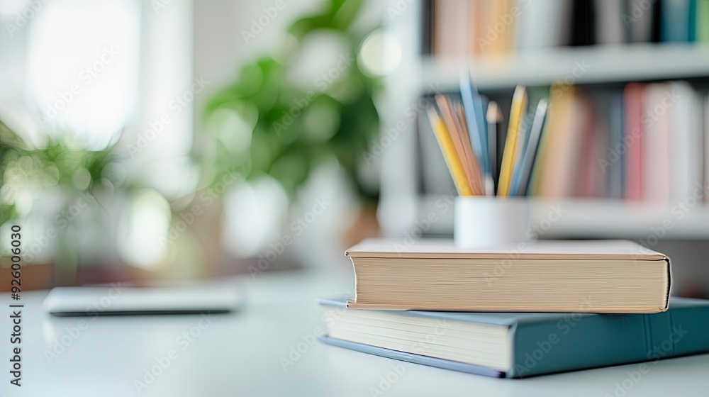 Cropped shot of white table with books, stationery and copy space in blurred study room. generative ai Cropped shot of white table with books, stationery and copy space in blurred study room. generative ai