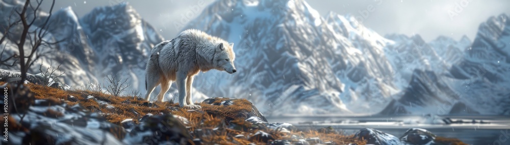 A majestic white wolf stands overlooking a snowy mountain landscape, capturing the beauty and wilderness of nature in winter. A majestic white wolf stands overlooking a snowy mountain landscape, capturing the beauty and wilderness of nature in winter.