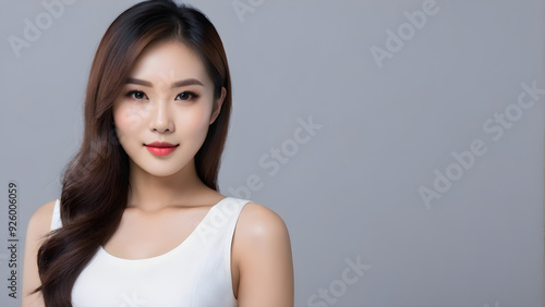 Portrait of an Asian female model, beautiful, confident and generous, smiling at the camera, with clean and smooth skin, cosmetics product image