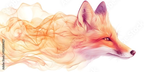 Fox head made of liquid, vector illustration on a white background. The color palette is a dreamy, pastel blend of light pinks and yellows photo