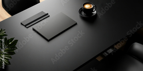 Office black leather desk with notebook and coffee cup