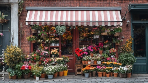 Fototapeta Naklejka Na Ścianę i Meble -  Beautiful flower shop with different housplants and flowers in city,flowers at a florist,decoration colorful flowers street shop,Facade of cute small flower shop,The business,plant shop.