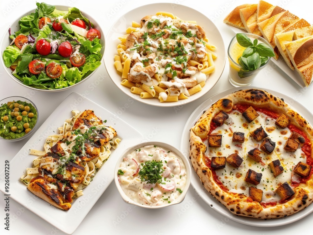 A delicious spread of various Italian dishes including pasta, pizza, salad, and appetizers. A delicious spread of various Italian dishes including pasta, pizza, salad, and appetizers.
