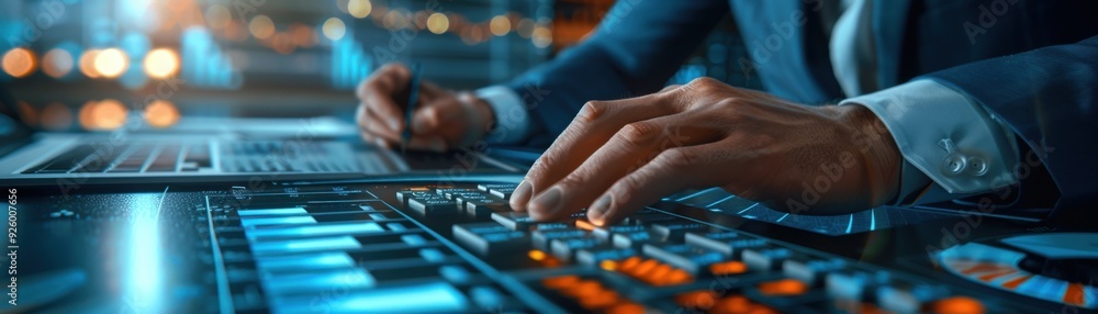 Close-up of hands operating a sound mixing board in a modern recording studio with colorful lights in the background. Close-up of hands operating a sound mixing board in a modern recording studio with colorful lights in the background.