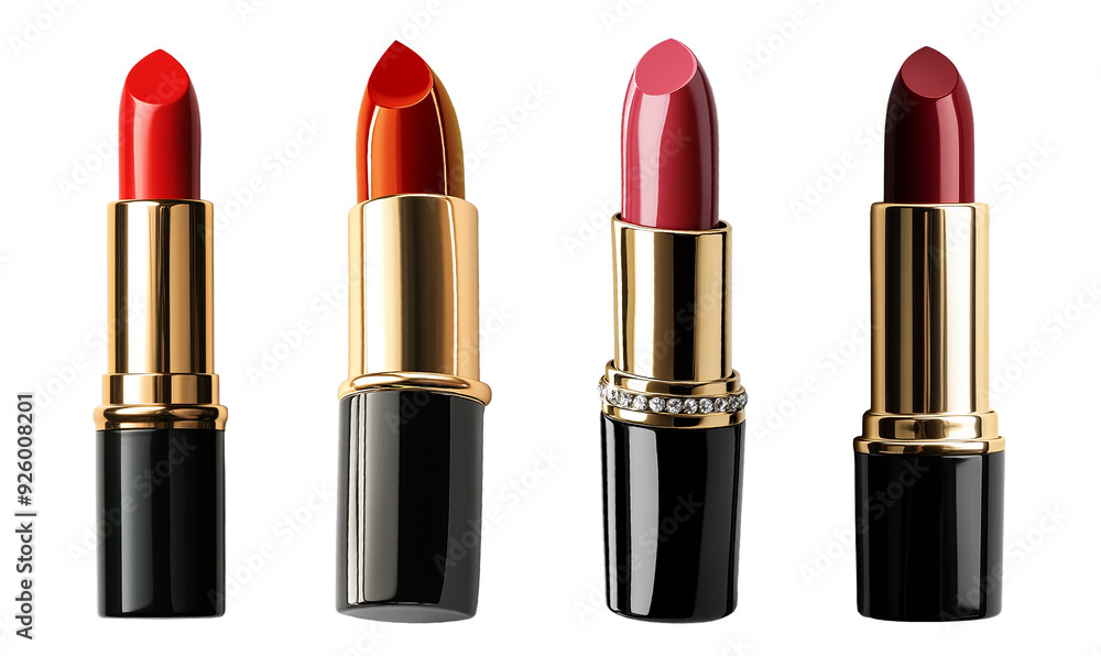 Obraz premium Assorted luxury lipsticks in elegant gold and black cases beauty cosmetics transparent background