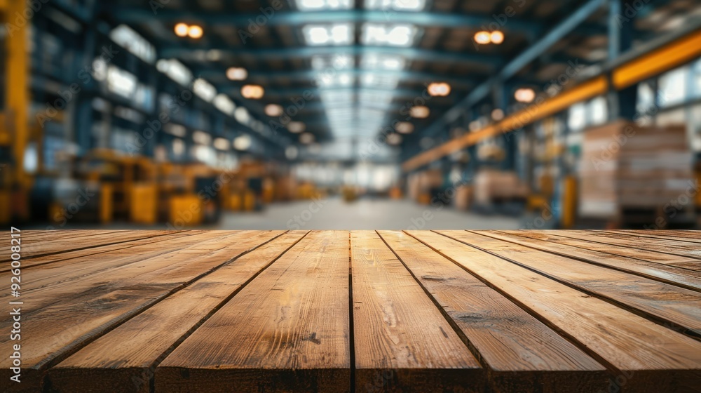 Wooden Tabletop with Blurred Industrial Warehouse Background Wooden Tabletop with Blurred Industrial Warehouse Background