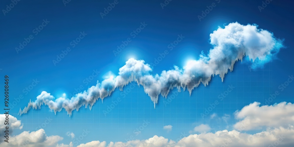 Landscape featuring a picturesque view with a cloud-shaped stock market chart in the sky, stock market, landscape, clouds Landscape featuring a picturesque view with a cloud-shaped stock market chart in the sky, stock market, landscape, clouds