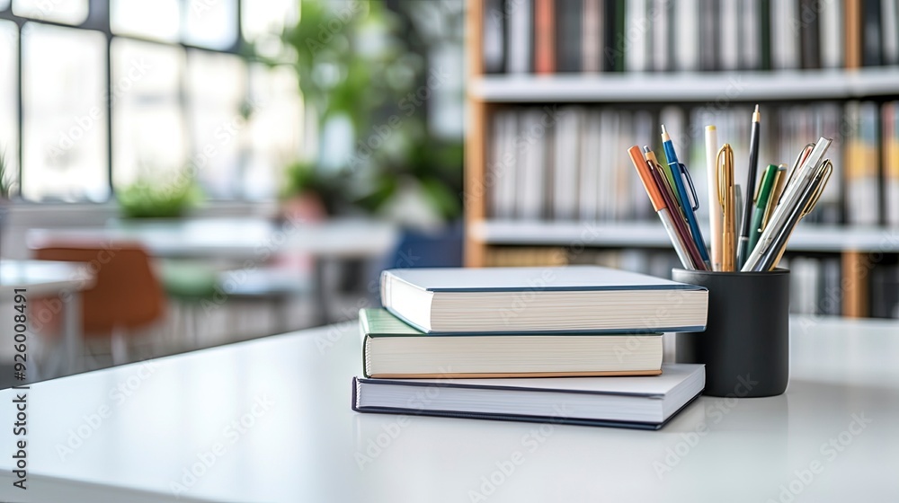 Cropped shot of white table with books, stationery and copy space in blurred study room. generative ai Cropped shot of white table with books, stationery and copy space in blurred study room. generative ai