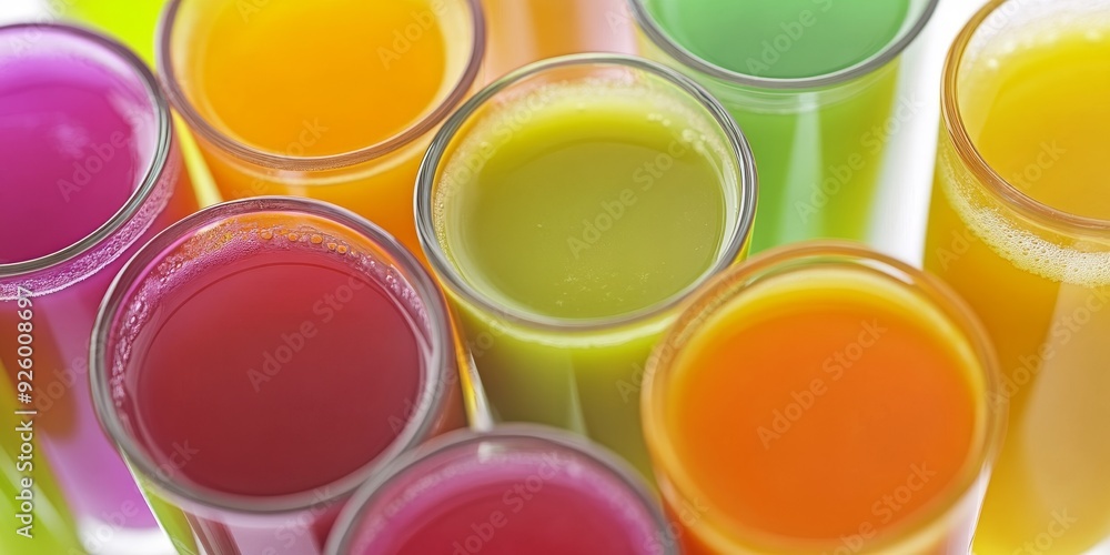 Macro shot of a variety of freshly squeezed juices in colorful glasses, highlighting the health benefits and visual appeal of natural beverages Macro shot of a variety of freshly squeezed juices in colorful glasses, highlighting the health benefits and visual appeal of natural beverages