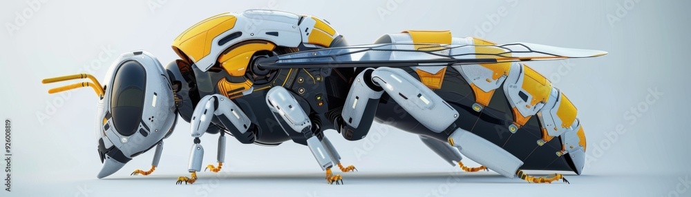 Futuristic robotic wasp design with metallic and yellow elements, showcasing advanced technology in a sleek, insect-inspired form. Futuristic robotic wasp design with metallic and yellow elements, showcasing advanced technology in a sleek, insect-inspired form.