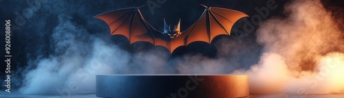 A dramatic bat with outstretched wings emerges from swirling smoke, creating an eerie and captivating atmosphere.