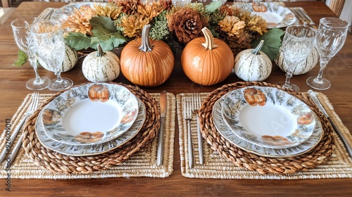 A cozy fall-themed table setting with tableware showcasing hand-painted pumpkins and gourds, paired with woven placemats and rustic silverware photo