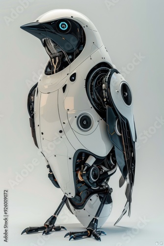 Futuristic robot penguin with mechanical parts and sleek design, showcasing advanced robotics and artificial intelligence technology.
