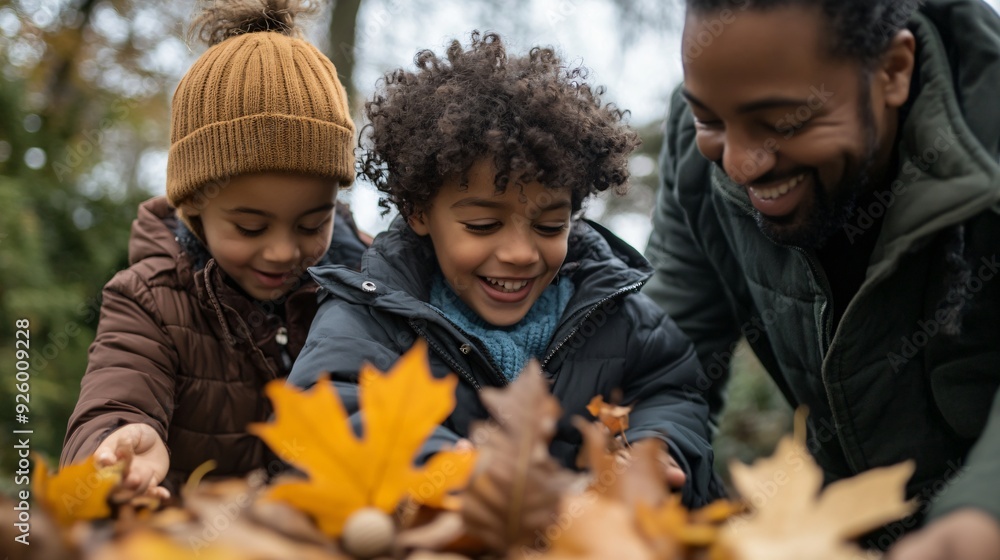 A family enjoying an autumn walk in a park, the children collecting colorful leaves and acorns, with the parents smiling as they watch A family enjoying an autumn walk in a park, the children collecting colorful leaves and acorns, with the parents smiling as they watch