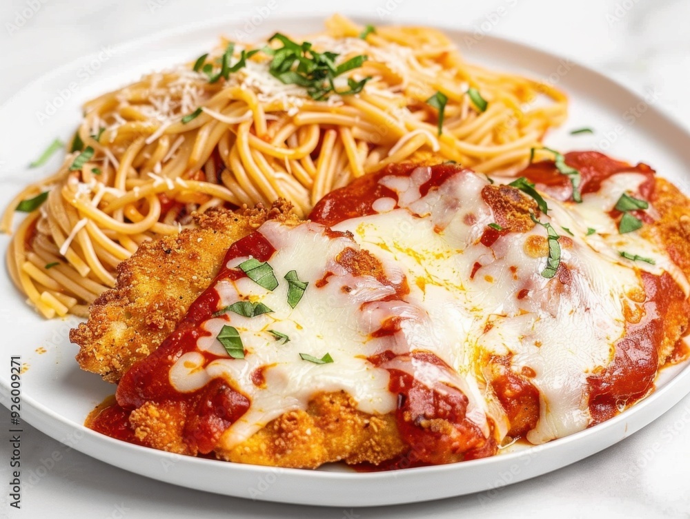 A plate of chicken parmesan with spaghetti, garnished with herbs and cheese. A plate of chicken parmesan with spaghetti, garnished with herbs and cheese.