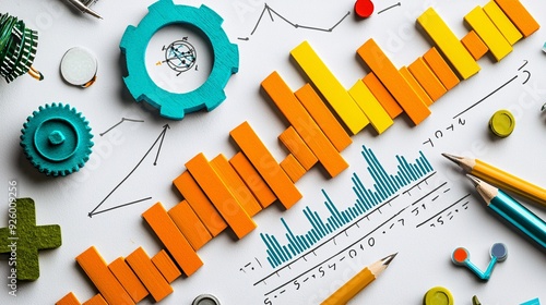 Digital marketing campaign tools for stock market growth, close-up of detailed metrics, industrial theme, realistic photo