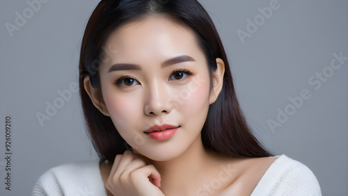 Portrait of an Asian female model, beautiful, confident and generous, smiling at the camera, with clean and smooth skin, cosmetics product image