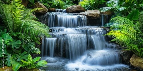 Close-up of a cascading waterfall surrounded by lush greenery, capturing the natural beauty and dynamic movement of outdoor landscapes