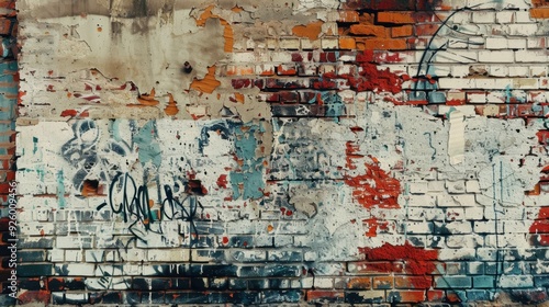 Distressed brick wall with graffiti remnants.