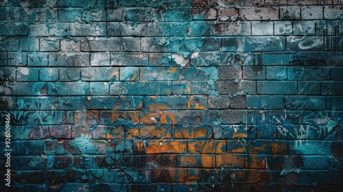 Distressed brick wall with graffiti remnants. photo