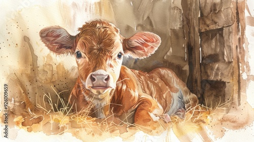 A watercolor painting of a brown calf lying in a barn on a bed of hay.