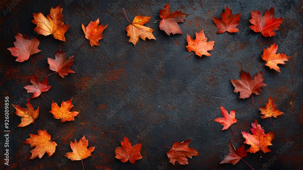 A striking autumnal composition of orange and red maple leaves scattered on a dark, textured background, with a soft spotlight highlighting the rich colors A striking autumnal composition of orange and red maple leaves scattered on a dark, textured background, with a soft spotlight highlighting the rich colors