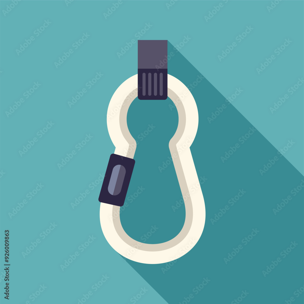 White carabiner is lying on a blue background, casting a long shadow White carabiner is lying on a blue background, casting a long shadow