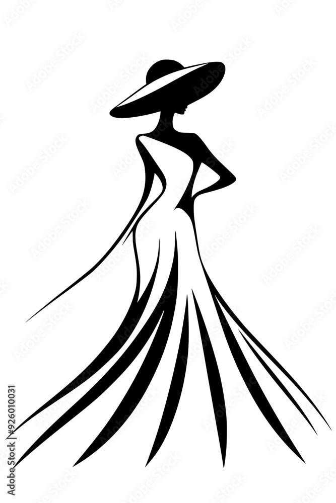 Elegant black and white fashion illustration of a woman in a dress and hat, Chic black and white silhouette illustration of a stylish woman wearing a long dress and a wide-brimmed hat, representing el Elegant black and white fashion illustration of a woman in a dress and hat, Chic black and white silhouette illustration of a stylish woman wearing a long dress and a wide-brimmed hat, representing el
