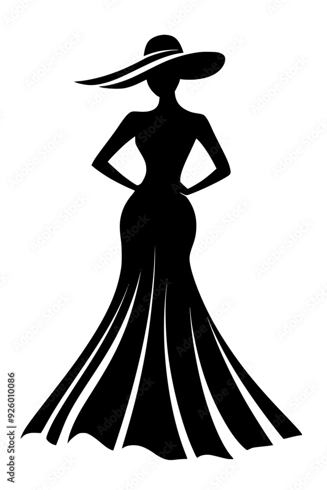 Elegant black and white fashion illustration of a woman in a dress and hat, Chic black and white silhouette illustration of a stylish woman wearing a long dress and a wide-brimmed hat, representing el Elegant black and white fashion illustration of a woman in a dress and hat, Chic black and white silhouette illustration of a stylish woman wearing a long dress and a wide-brimmed hat, representing el