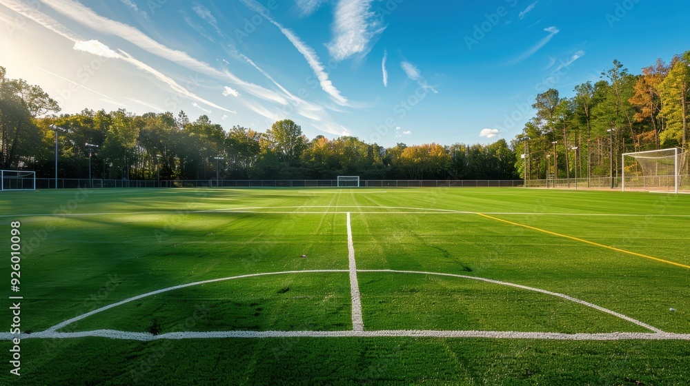 Obraz premium Empty soccer field with crisp white lines.