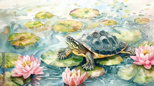 A watercolor painting of a turtle on a lily pad in a pond surrounded by lily pads and flowers.