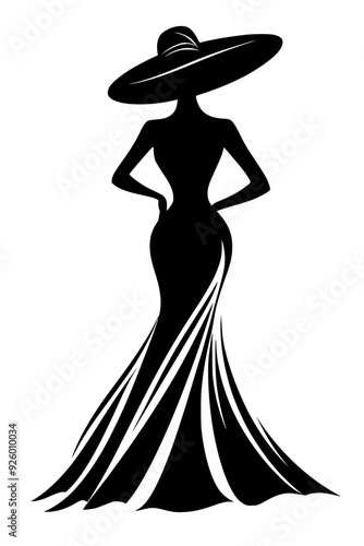 Elegant black and white fashion illustration of a woman in a dress and hat, Chic black and white silhouette illustration of a stylish woman wearing a long dress and a wide-brimmed hat, representing el