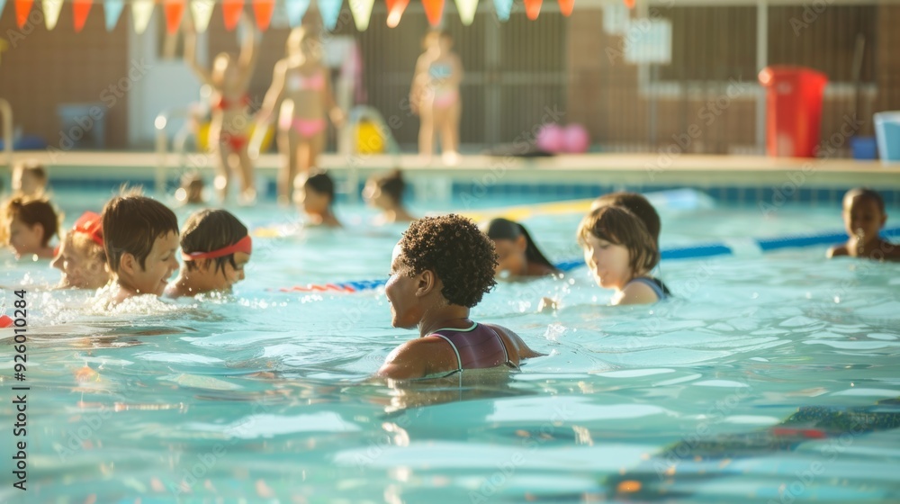 Obraz premium Children Learning to Swim in a Lively Community Pool Setting