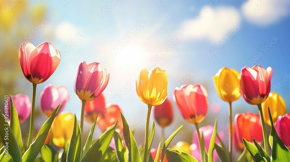 A spring background with bright tulips and sunny skies, symbolizing the beauty of the season, copy space, High quality, + --ar 16:9 --v 6.1 Job ID: 31e3b43b-e6ef-46fe-be5f-e1048aeb3017 A spring background with bright tulips and sunny skies, symbolizing the beauty of the season, copy space, High quality, + --ar 16:9 --v 6.1 Job ID: 31e3b43b-e6ef-46fe-be5f-e1048aeb3017