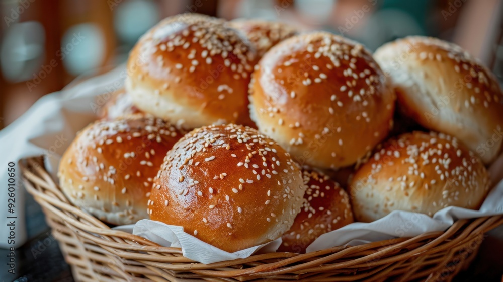 Freshly baked bread rolls with sesame seeds on top, arranged in a basket for sharing. Freshly baked bread rolls with sesame seeds on top, arranged in a basket for sharing.