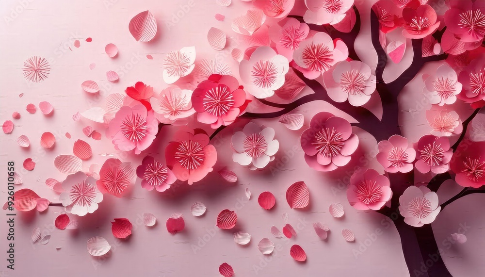 Cherry blossom, Elegant 3D Paper Art of a Blossoming Cherry Tree with Falling Petals and vibrant Spring Pink and Red Tones on a Soft Background Cherry blossom, Elegant 3D Paper Art of a Blossoming Cherry Tree with Falling Petals and vibrant Spring Pink and Red Tones on a Soft Background