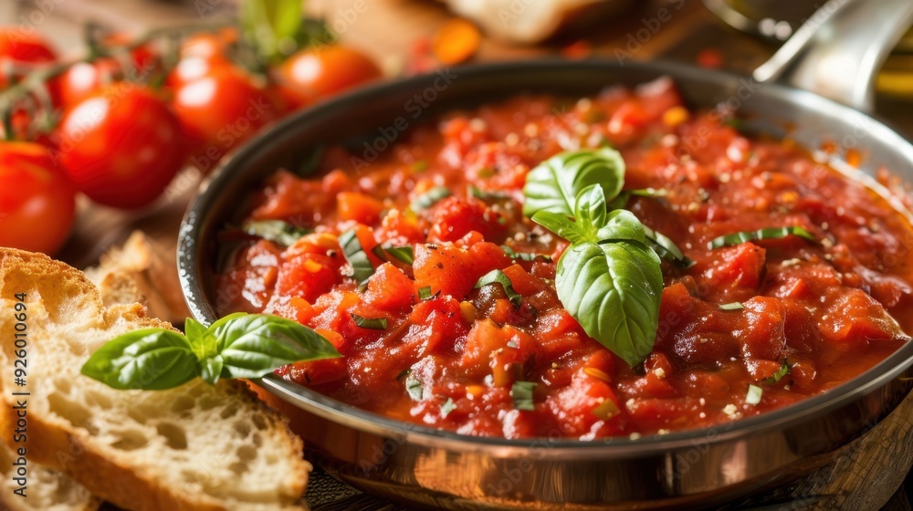 Freshly made Italian tomato sauce in a saucepan, garnished with basil and served with crusty bread for dipping. Freshly made Italian tomato sauce in a saucepan, garnished with basil and served with crusty bread for dipping.