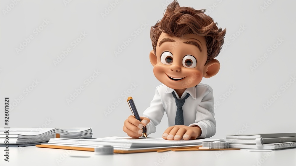 Cartoon 3D businessman signing important documents Cartoon 3D businessman signing important documents