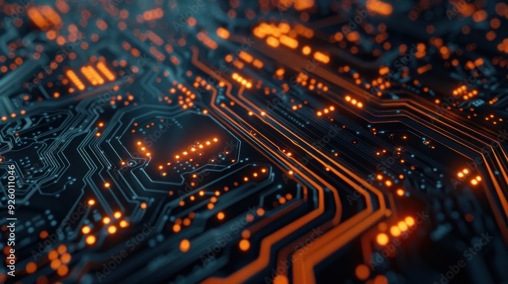 Glowing circuit board with digital particles. Glowing circuit board with digital particles.