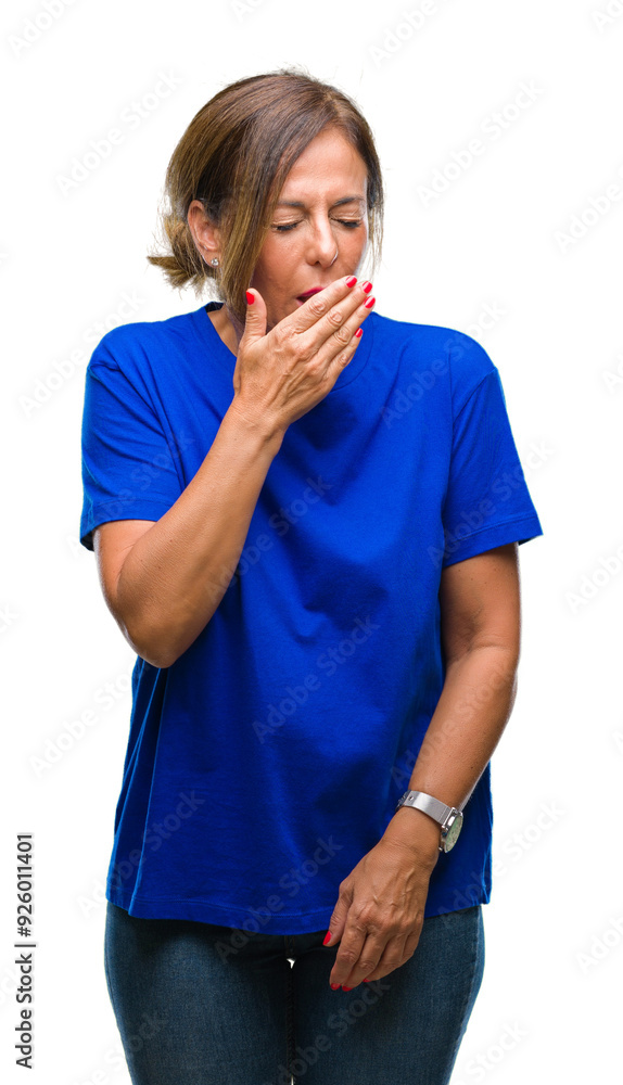 Middle age senior hispanic woman over isolated background feeling unwell and coughing as symptom for cold or bronchitis. Healthcare concept. Middle age senior hispanic woman over isolated background feeling unwell and coughing as symptom for cold or bronchitis. Healthcare concept.