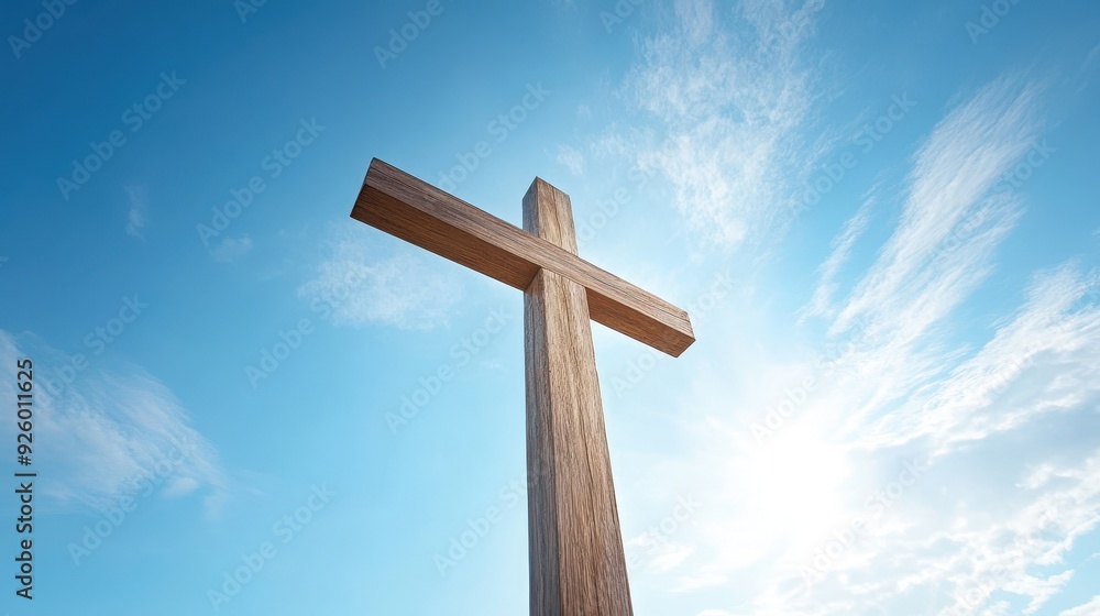 A wooden cross is standing tall in the sky A wooden cross is standing tall in the sky