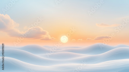 A beautiful sunset over a snowy ocean with a large sun in the sky