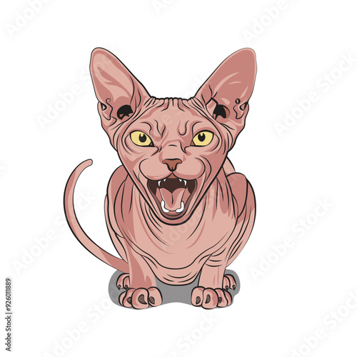 Angry sphynx cat in cartoon style. Vector illustration for tshirt, website, clip art, poster and print on demand merchandise.