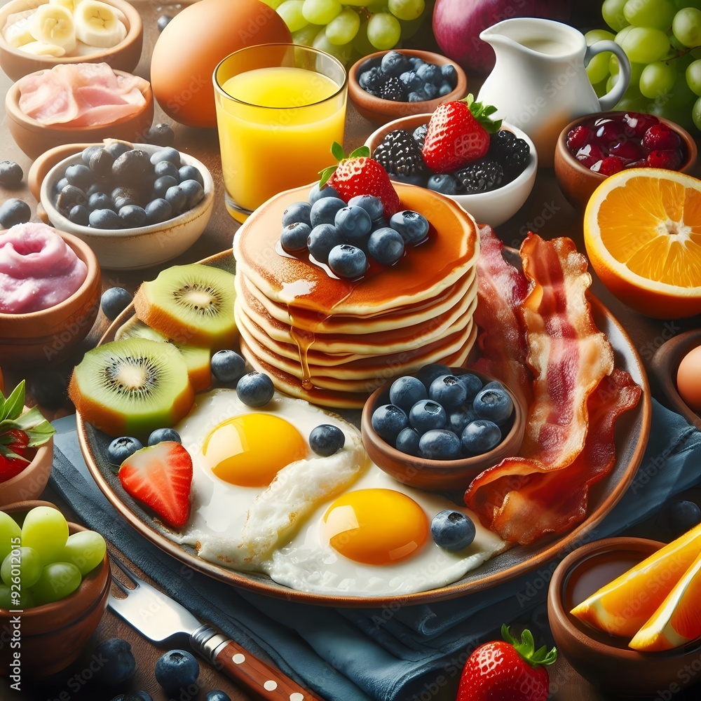 Delicious and Nutritious Breakfast Platter with Pancakes, Bacon, Eggs, Fruit, and Berries Delicious and Nutritious Breakfast Platter with Pancakes, Bacon, Eggs, Fruit, and Berries