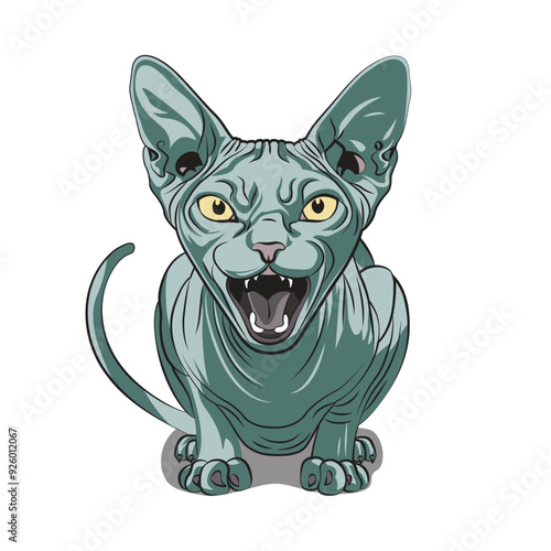 Angry sphynx cat in cartoon style. Vector illustration for tshirt, website, clip art, poster and print on demand merchandise.